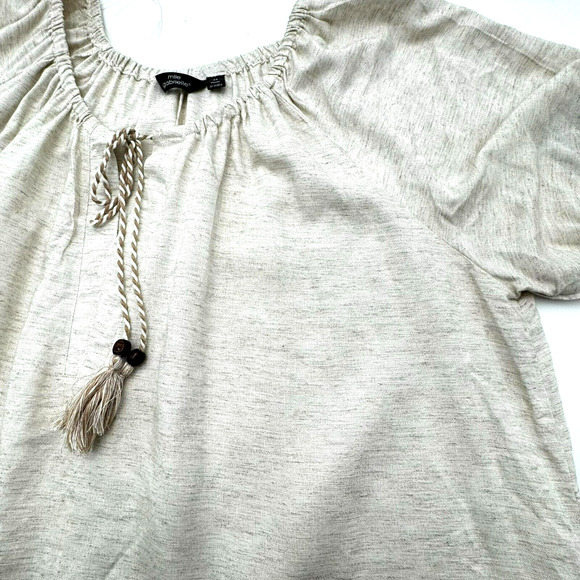 MLLE GABRIELLE 3X Beige Midi Dress Boho Peasant Lagenlook Tassel Tie Ruffle Tier - Picture 2 of 10